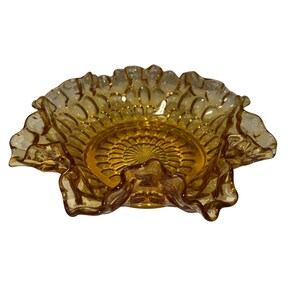 Vintage Fenton Amber Thumbprint Colonial Ruffled Glass Bon Bon Dish