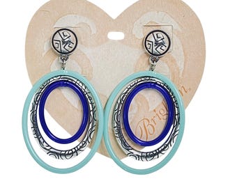 Brighton Chunky Silver Tone Aqua And Cobalt Blue Dangle Pierced Earrings (5990)