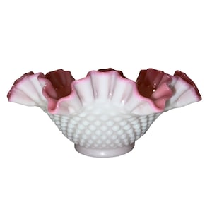 Fenton Pink & White Hobnail Overlay Glass Bowl with Ruffled and Crimped Edge