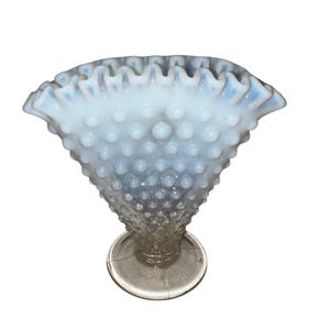 Vintage Fenton Hobnail French Clear Opalescent Footed Crimped Fan Flared Vase