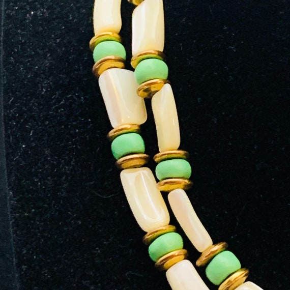 Vintage Gold Tone MOP & Green Bead Necklace Signe… - image 3