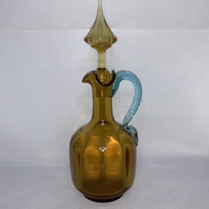 Antique Amber Glass Cruet & Stopper w/Blue Twisted Handle 9 3/4”