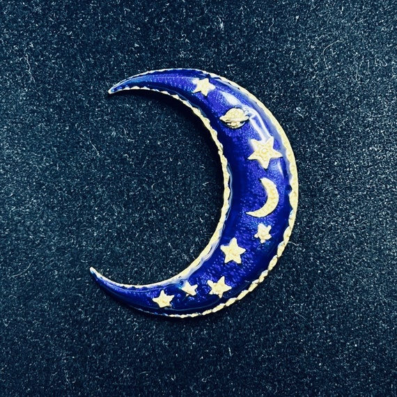 Gold Tone With Cobalt Blue And Gold Enamel Moon Br