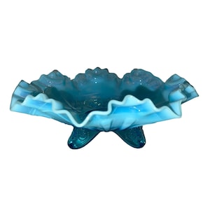 Vintage Jefferson Meander Blue Opalescent Footed Bowl w/Ruffled & Crimped Edge