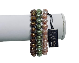 Set VAN 3 Honora zoetwaterparels stretcharmbanden bruin, groen en perzik (5956