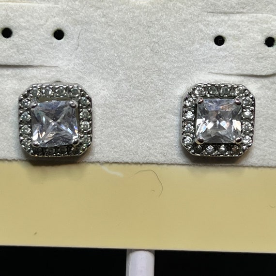 Square Silver Tone CZ Pierced Earrings Signed IBB… - image 2