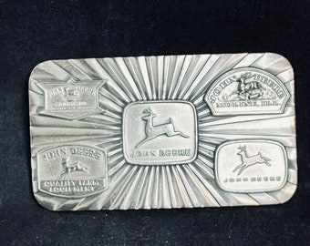Vintage Silver Tone John Deere 5 Historical Trademarks Belt Buckle