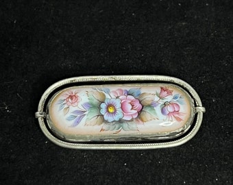 Vintage Silver Tone Floral Porcelain Oval Brooch With C Clasp (2698)