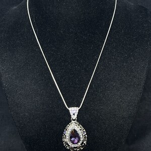 Silver Tone Snake Chain Necklace With Purple Teardrop Pendant (4295)