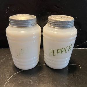Vintage Hazel Atlas Milk Glass Beehive Green Letters Salt & Pepper Shakers