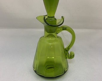 Vintage Rainbow Art Glass GREEN CRUET Hand Blown with Stopper