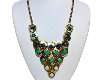 Lucky Brand Hammered Gold Tone Scale Bib Necklace W/ Semi Precious Accents (6356