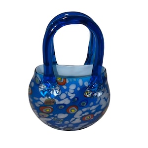 Vintage Turquoise Glass Purse Vase W/ Multi-Color Millefiori Pattern