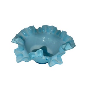 Vintage Fenton Sky Blue Glass Bowl w/ Ruffled & Crimped Edge