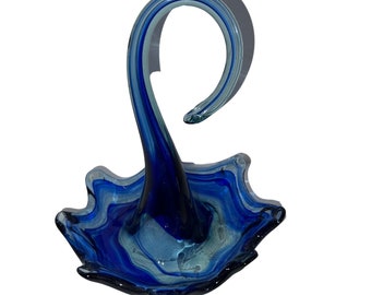 Vintage Handblown Cobalt Blue Trinket Dish w/ Hook Shaped Handle 7 1/2"