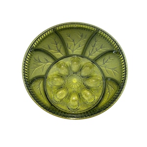 Vintage Indiana Glass Avocado Green Deviled Egg & Relish Tray 12 7/8&quot;