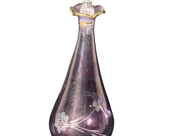 Hand Blown Etched Amethyst Iridescent Glass Perfume Bottle W/Gold Trim & Dauber