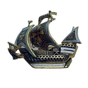 Damascene Gold Tone Spanish Ship Brooch