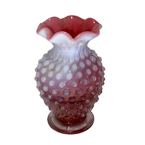 Vintage Fenton Cranberry Opalescent Hobnail Small Glass Vase w/Ruffled Edge
