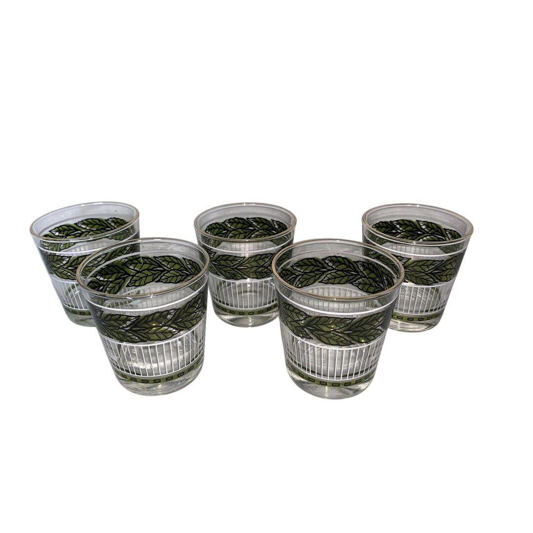 Vintage Set of 5 Clear Glass W/ Ivy Pattern and Gold Rim Rocks Glasses ...