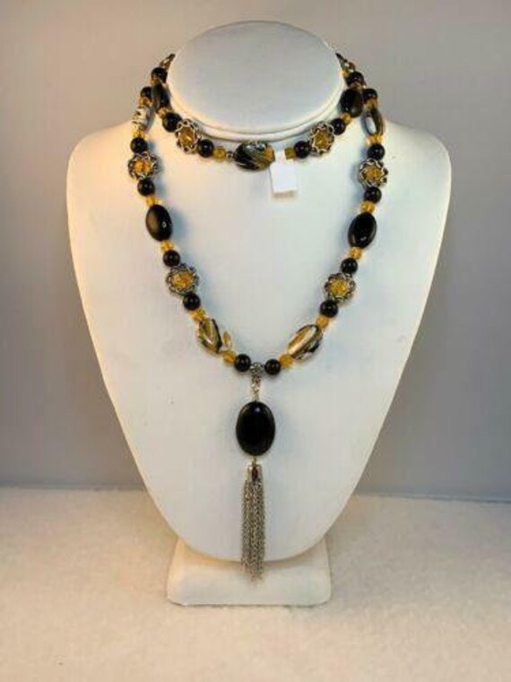 Black Onyx And Yellow Crystal Necklace With Tassel