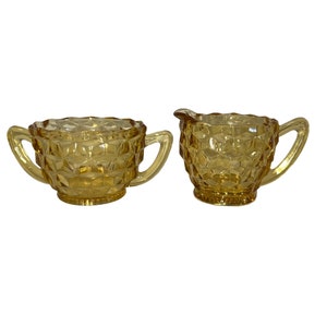 Vintage Jeanette Glass Amber Cubist Sugar and Creamer