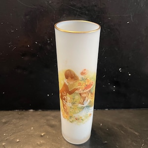Vintage Napco White Frosted Glass Vase w/ Boy and Girl Signed Foster