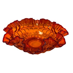 Vintage Fenton Orange Thumbprint Glass Bowl w/ Ruffled & Crimped Edge