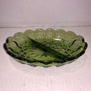 Vintage Indiana Green Glass Oval Thumbprint Divided Relish Tray