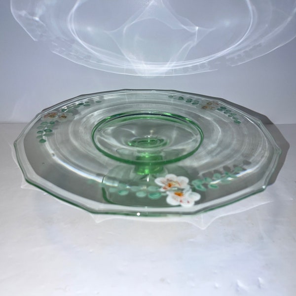 Vintage Hand Painted Floral Green Glass Cake Stand 10 1/4"