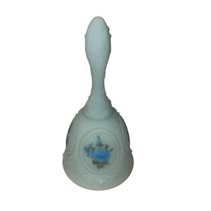 Vintage Fenton Hand Painted Floral Satin Blue Glass Bell Signed By Amy S.