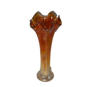 Vintage Marigold Carnival Glass Vase w/ Ruffled Edge 9&quot;