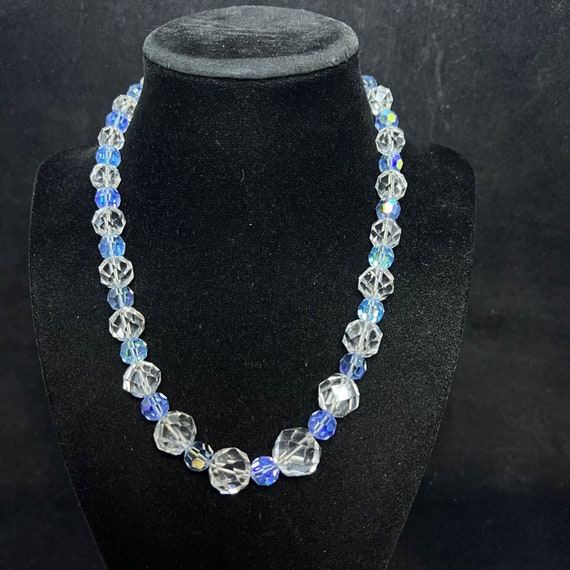 Vintage Silver Tone Faceted Clear And Blue Beaded… - image 1