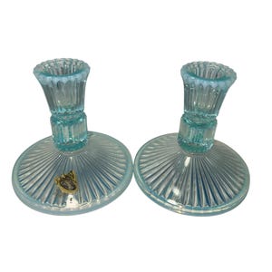 Vintage Paar Fenton Sheffield Blue Opalescent Ribbed Glass Kerzenhalter