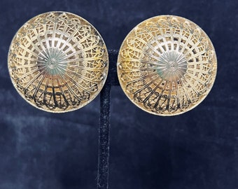 Vintage Large Round Gold Tone Open Work Clip on Earrings