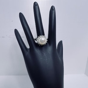 Silver Tone Faux Pearl & Clear Rhinestone Adjustable Statement Ring (R449)