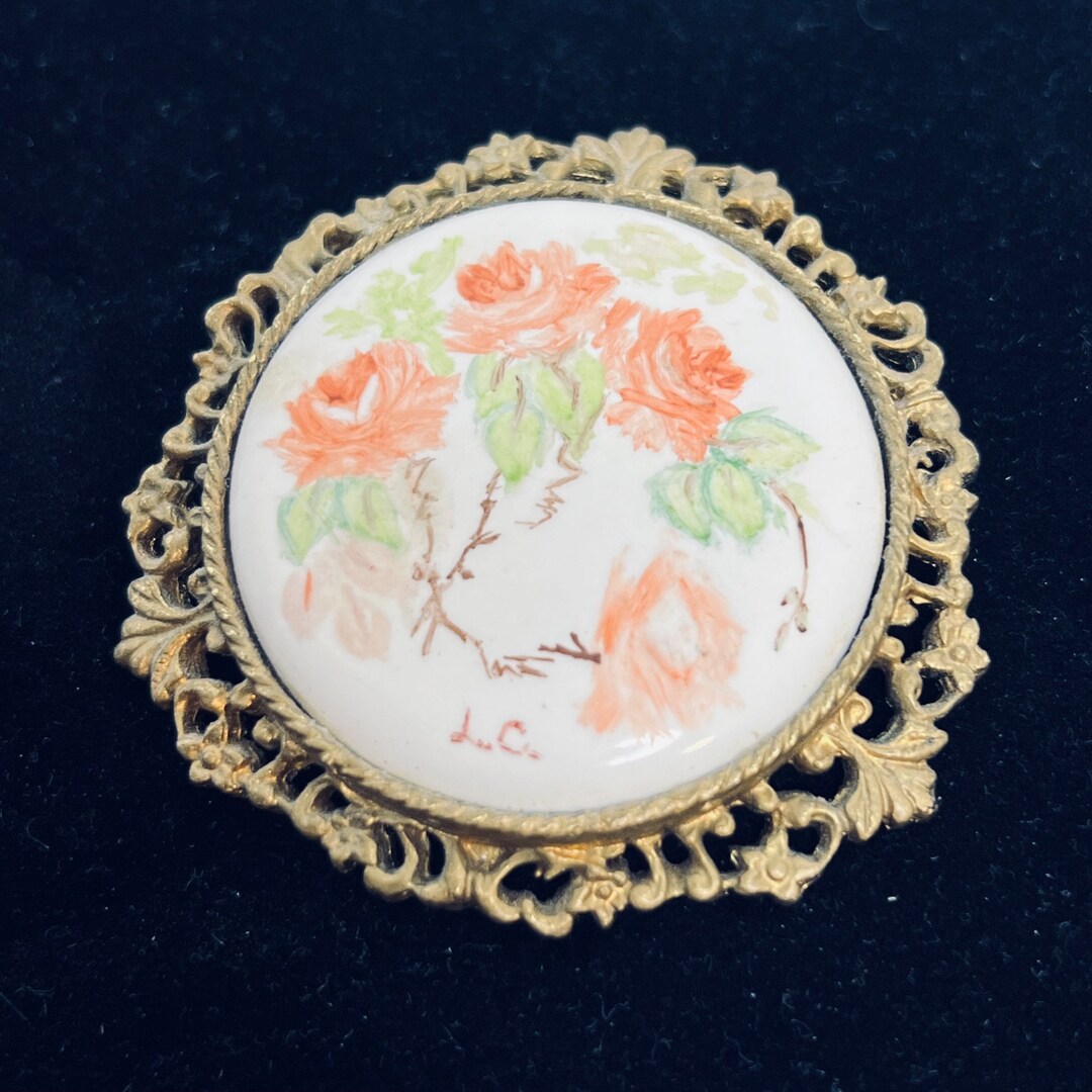 Gold Tone Porcelain Hand Painted Roses Pendant/brooch Signed LC - Etsy