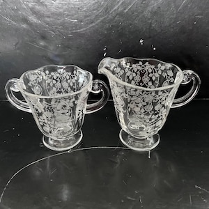 Vintage Fostoria Bouquet Etched Floral Glass Sugar & Creamer