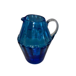 Vintage Aqua Blue Glass Ribbed Pitcher with Clear Glass Handle 4 3/4&quot;