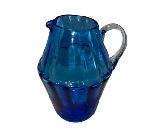 Vintage Aqua Blue Glass Ribbed Pitcher with Clear Glass Handle 4 3/4"