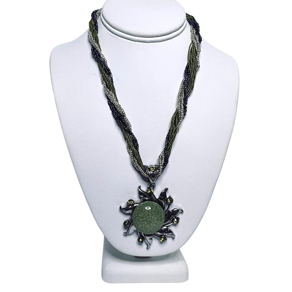 Twisted Multi Strand Seed Bead Necklace With Green Sun Pendant