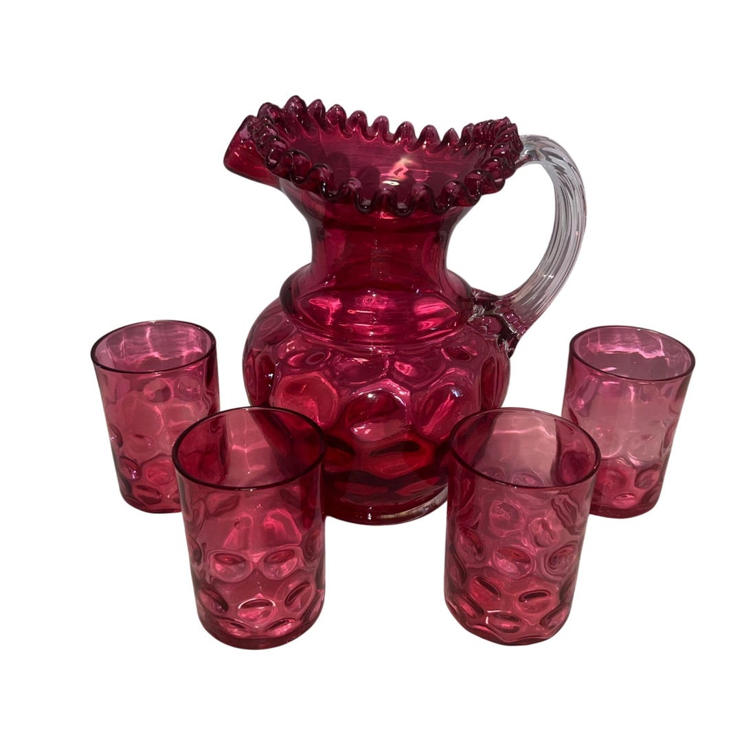 Vintage Fenton Cranberry Glass Coin Dot Ruffled Glass Pitcher W/ 4 ...