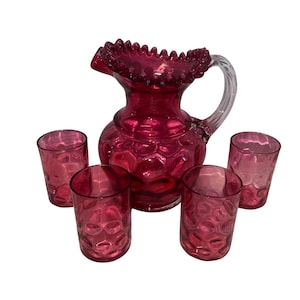 Vintage Fenton Cranberry Glass Coin Dot Ruffled Glass Pitcher w/ 4 Glasses