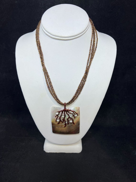 4 Strand Bronze Tone Seed Bead Necklace With Squar