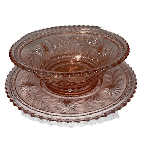 Vintage Imperial Glas Rosa Strohblume Mayonnaise Schale und Unterteller