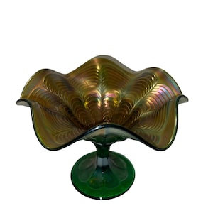 Vintage Fenton Green Carnival Glass Peacock Tail Pedestal Compote