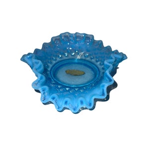Vintage Fenton Aqua Blue Opalescent Hobnail Bowl w/ Crimped & Ruffled Edge