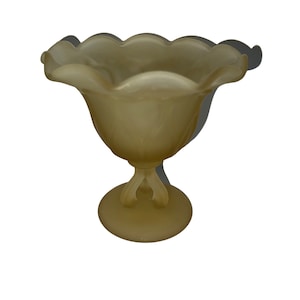 Vintage Westmoreland Frosted Yellow Glass Footed Compote w/ Ruffled Edge
