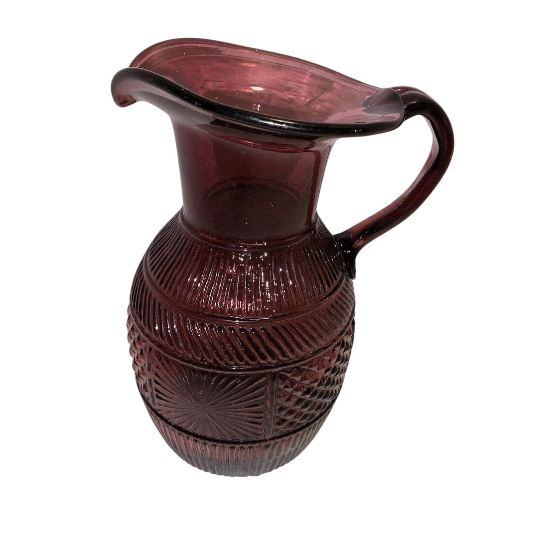 Vintage Amethyst Glass Pitcher With Embossed Design & Applied Handle 8 ...