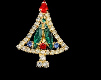Vintage Hobe? Gold Tone Christmas Tree Brooch With Navette Stones (4768)